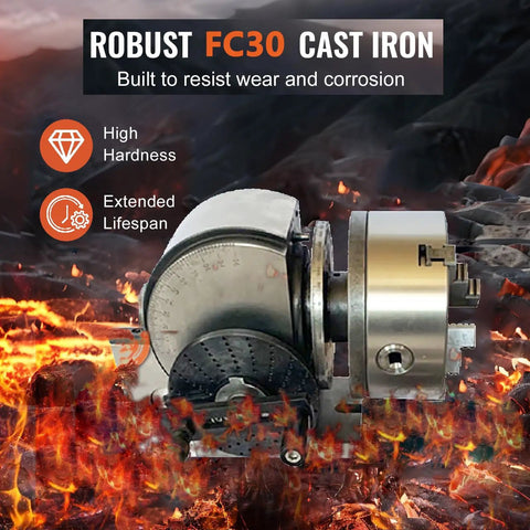 Heavy Duty Indexing Head For Milling Machine With Vertical Horizontal Rotary Table And Precision Tailstock Mount Built Like A Tank For 4 5 6 Inch Chucks Dead On Target Tilting For Serious Shop Projects on fire background.