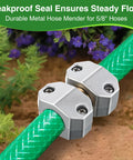 Two Pack Metal Hose Menders for Five Eighth Inch and Three Quarters Inch Hoses, Heavy Duty Aluminum and Brass Repair Kit in use