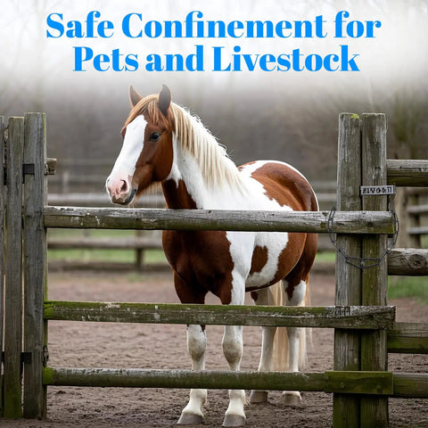Tough As Nails 20 Inch Adjustable Metal Gate Chain Lock With Heavy Duty Carabiners securing a horse in a wooden fenced area.