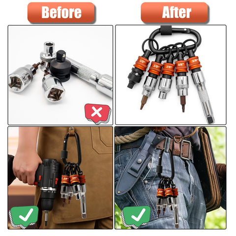 Five Piece Socket Holder Key Chain With Quick Release Carabiner For Three Eighth Inch Drive Sockets Built Tough Aluminum And Steel Organizer For Mechanics Linemen Construction Pros And Carpenters
