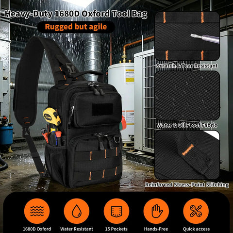 Kickass Heavy Duty Tool Chest Bag For Electricians And Hvacs Fits 21 Volt Drills Plus Multimeters In Tight Crawlspace Ladder Sites With Secure Three Point Harness