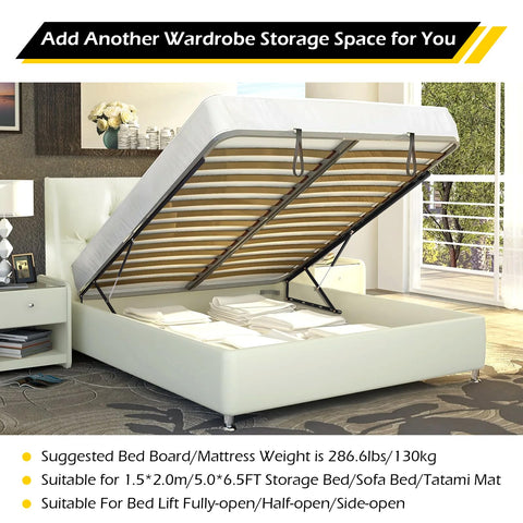 Super Heavy Duty Hydraulic Bed Lift Mechanism 4.6 Ft Gas Spring Platform For Mattress Storage Sofa Hinge showcasing open storage bed.