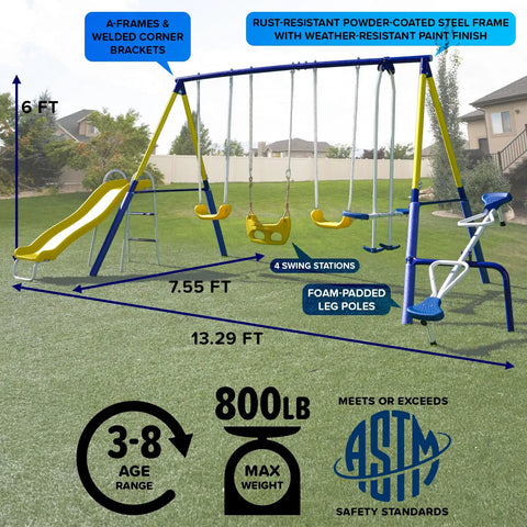 Ultimate Backyard Swing Set With 5 Ft Wave Slide, Two Swings, Glider, Teeter Totter, Standing Swing, 6.1 Ft Steel Frame