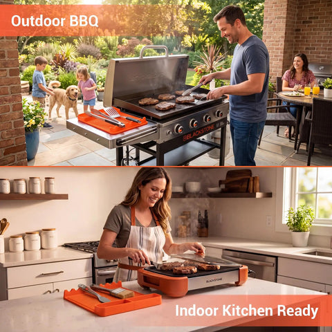 Silicone Grill Mat For Blackstone 16x11.5 Inch Non Slip Tool Mat With Sauce Drip Pad in use for BBQ and kitchen grilling.