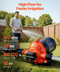 Heavy Duty 120V AC Diaphragm Water Pump delivers a smooth 4 GPM flow for garden irrigation and car washing.