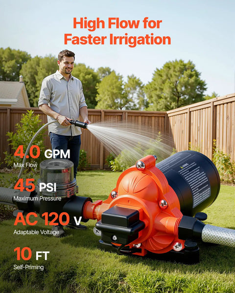 Heavy Duty 120V AC Diaphragm Water Pump delivers a smooth 4 GPM flow for garden irrigation and car washing.