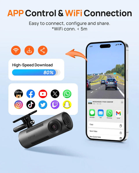 Dash Cam For Cars 1296P QHD Front Camera With 130 Degree Wide Angle Built In WiFi WDR connected to smartphone app.