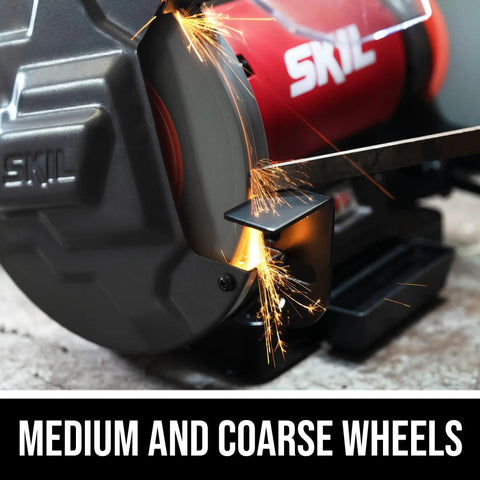 Heavy Duty Eight Inch Bench Grinder Equipped With A Kickass Three Point Zero Amp Motor And Bright Led Work Light Paired With Nifty Water Cooling Tray For Effortless Metal Sharpening Tasks showing close-up of medium and coarse grinding wheels with sparks.