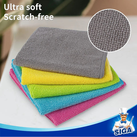 MR.SIGA microfiber cleaning cloths, five-color stack (gray, yellow, lime, blue, pink), 11.8 x 11.8 in