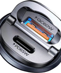 Close-up of 125W Fast Car Charger With USB C PD65W And USB A QC60W Quick Charge All Metal Cigarette Lighter Adapter ports