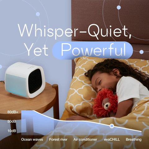 Child sleeping peacefully with EvaCHILL Portable Air Conditioner For Desk And On The Go on nightstand, showing whisper-quiet operation.