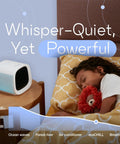 EvaCHILL Portable Air Conditioner on bedside table next to sleeping child, highlighting whisper-quiet feature.