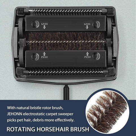 Manual Carpet Floor Sweeper With Dual Horsehair Brush Roll Quiet Non Electric Push Broom For Snagging Pet Hair And Lint No Sweat Home Cleaning Gear Black, close-up of rotating horsehair brush.