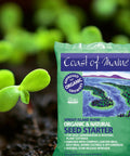 Bag of Organic Seed Starting Mix with Compost, Manure, Mycorrhizae, Worm Castings, Kelp for Easy Germination, 8 Qt next to seedlings.