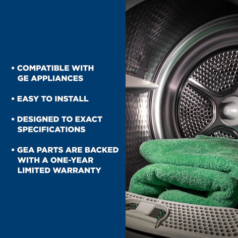 Drum Bearing Kit OEM Replacement Part For GE Dryers, Rear Drum Support next to dryer with green towels, highlighting easy install.