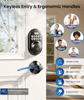 Keyless Entry Door Lock With 2 Lever Handles Electronic Keypad Deadbolt Auto Lock Backlit For Easy Installation Matte Black Front Door Handle Set Anti Peep Security With 20 Permanent PIN Codes And One Time Codes installed on a white door