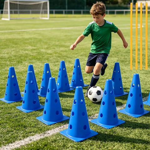 Boy dribbling soccer ball through blue cones on field using Backyard Agility Course Set With Low Hurdles And Cone Obstacles For Pups And All Breed Sizes An Epic Outdoor Training Kit For Fun Fitness And Coordination In The Yard Park Or Garden