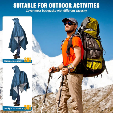 Hooded Rain Poncho For Adults Waterproof Lightweight Rain Jacket For Men And Women Reusable Emergency Camping Gear Sea Blue.