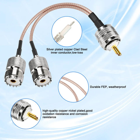 UHF Male To Dual UHF Female Splitter Cable PL 259 To SO239 Coax RG316, 15cm, silver plated copper, FEP, for ham radio gear.