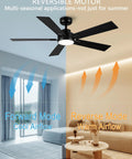 52 Inch Black Outdoor Ceiling Fan With Light And Remote, Reversible DC Motor in living room, showing airflow modes