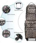 Expandable Softside 4-Piece Luggage Set With 20 Inch Carry-On, 16 Inch Underseat Bag, Spinner Wheels, TSA Lock, Leopard Print, features shown.
