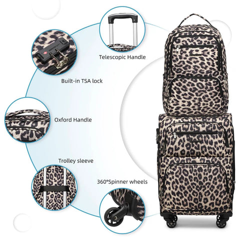 Expandable Softside 4-Piece Luggage Set With 20 Inch Carry-On, 16 Inch Underseat Bag, Spinner Wheels, TSA Lock, Leopard Print, features shown.