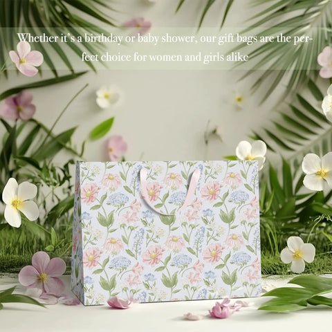 Two Large 13 Inch Floral Gift Bags With Matching Tissue Paper Card And Envelope Set Hand Painted Bloom Design Totally Perfect For Any Occasion Great For Women Gifts And Special Occasions, gift bag amid flowers