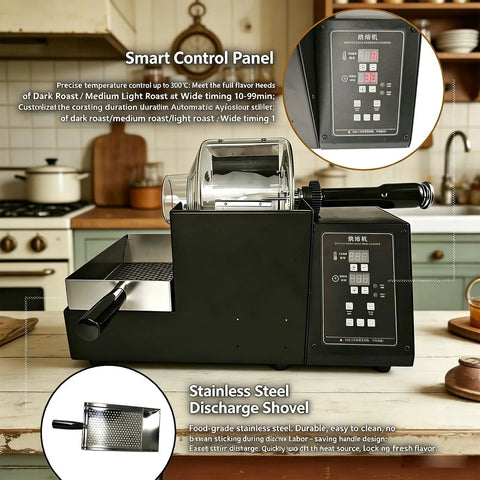 Top Shelf Electric Coffee Bean Roaster With Smooth Drum Rotation And No Sweat Temp Control featuring smart control panel and stainless steel discharge shovel.