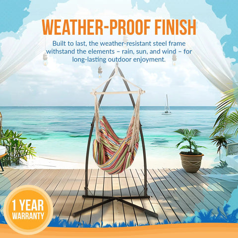 Boho Breeze C Style Hammock Chair Stand for Patio or Porch, Beefy Steel Frame, Weather-Proof, 450 Lb Capacity, on Deck by Beach