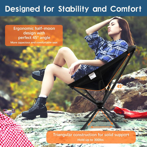 Person sitting in ergonomic Lightweight Portable Folding Camping Chair With 360 Degree Rotation, showing stability on rocky terrain.