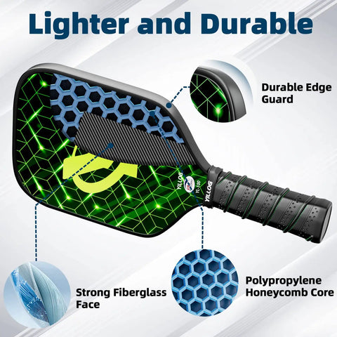 USAPA Approved Fiberglass Surface Pickleball Paddle Set For Men And Women showcasing a durable fiberglass paddle with grip.