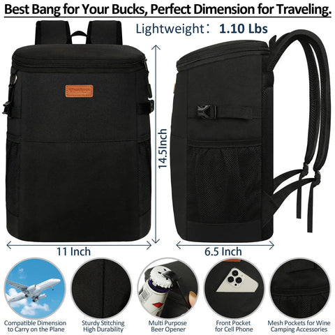 Soft Backpack Cooler For 30 Cans, Insulated Leakproof Travel Lunch Tote, front and side view, with grab and go backpack straps