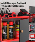 Heavy Duty Wall Mounted Power Tool Organizer With Integrated Charging Station And Six Outlet Strips, Insanely Solid Metal Garage Cabinet Keeping Your Drills Locked Tight, No-Sweat Setup Slick Gear Hub For Garage Bliss with tools and supplies inside.