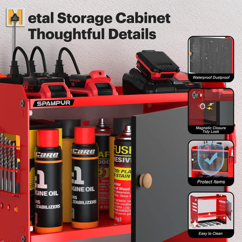 Heavy Duty Wall Mounted Power Tool Organizer With Integrated Charging Station And Six Outlet Strips, Insanely Solid Metal Garage Cabinet Keeping Your Drills Locked Tight, No-Sweat Setup Slick Gear Hub For Garage Bliss with tools and supplies inside.