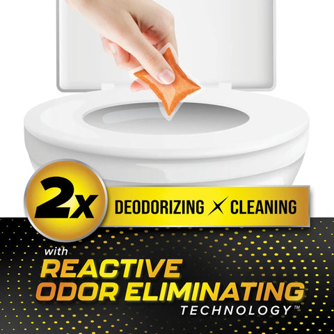 Premium Orange RV Toilet Drops Featuring Reactive Odor Eliminating Technology That Kicks Black Tank Stench To The Curb For A Chill Camper Cleanup A Solid 30 Pack being dropped into a toilet.