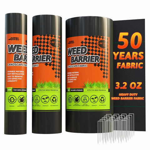 Heavy Duty 3x50ft Weed Barrier Landscape Fabric 3.2oz Geotextile Ground Cover Mat in rolled packaging with installation pins