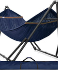 Two Person Hammock With Stand Foldable Outdoor Hammock Set 600 lb capacity, blue net, black stand, with carry case