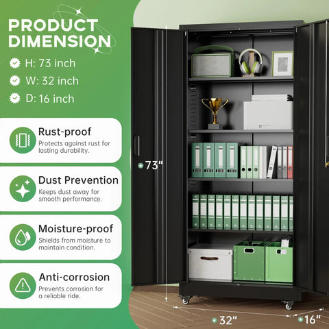 Front view of Beefy Heavy Duty 73 Inch Tall Metal Storage Cabinet On Wheels with lockable doors, adjustable shelves.