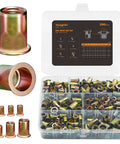 All-in-One Rivet Nut Kit 250-Piece Assortment With UNC SAE Rivnut Threaded Inserts in 6 sizes shown with open case