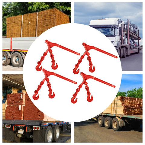 Heavy Duty Lever Chain Binder for Five Sixteenths to Three Eighths Inch Chains, 9200 Lb Working Load Limit, shown on hauling trucks