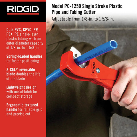 Person using PC 1250 Single Stroke Plastic Pipe Cutter For PVC CPVC PEX PP PE Tubing From One Eighth Inch To One And Five Eighths Inch