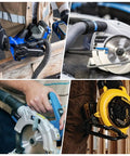 Workhorse 20 Foot Wet Dry Shop Vac Hose with 6 Adapters for universal dust collection shown connected to various power tools