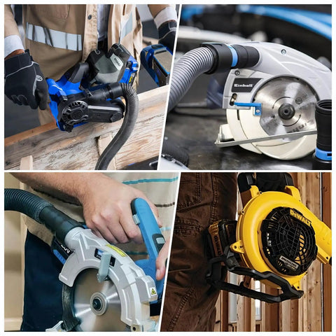 Workhorse 20 Foot Wet Dry Shop Vac Hose with 6 Adapters for universal dust collection shown connected to various power tools