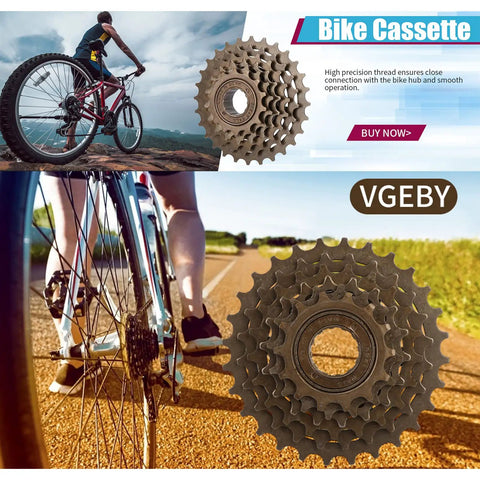 6 Speed Bike Freewheel Set 14T To 28T Threaded Type Mountain Bike Replacement Part, cyclist and close-up of freewheel on sunny trail