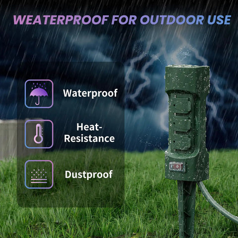 Outdoor Power Stake With Six Outlets, 9 Ft Extension Cord in rain, showing weatherproof, heat-resistant, and dustproof features.