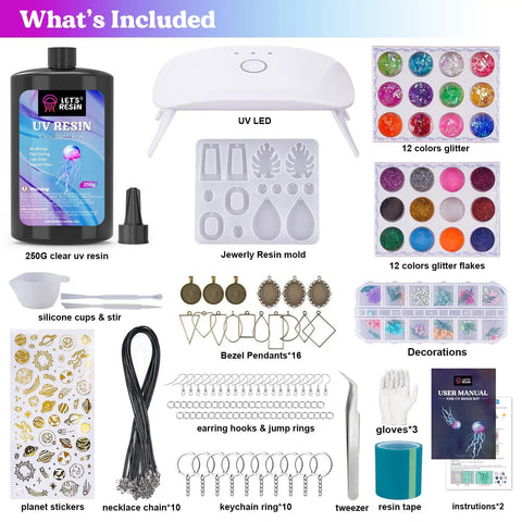 Ultimate UV Resin Jewelry Kit With 250g Clear Resin And Upgraded Light 153Pcs DIY Set Molds Glitter Flakes Dried Flowers Bezel Pendants