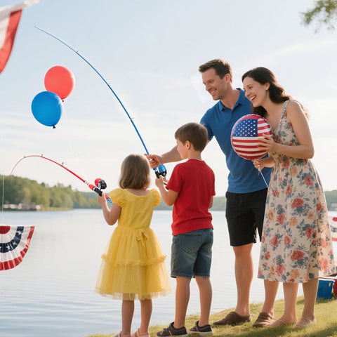 Family using Kids Telescopic Fishing Pole Set With Spincast Reel Net Bucket Tackle Box And Travel Bag in American flag theme by a lake.