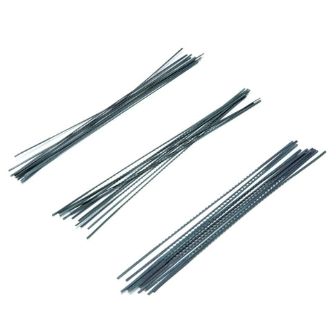 Skip Tooth Scroll Saw Blade Assortment For Woodworking, 36 Piece Pack With 12 Blades Of Each Size, displayed in three rows.