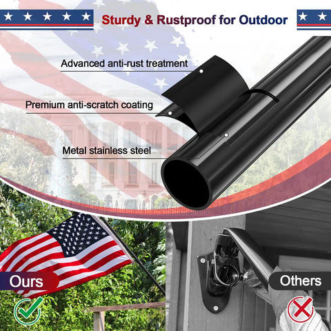 Five Foot Heavy Duty Outdoor Flag Pole Kit With 3x5 Embroidered US Flag, black stainless steel pole and bracket, sturdy mounting