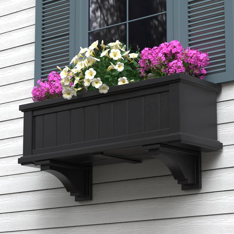 Fairfield Window Box Brackets 2-Pack Black Plastic For Cape Cod And Fairfield Models with blooming flowers